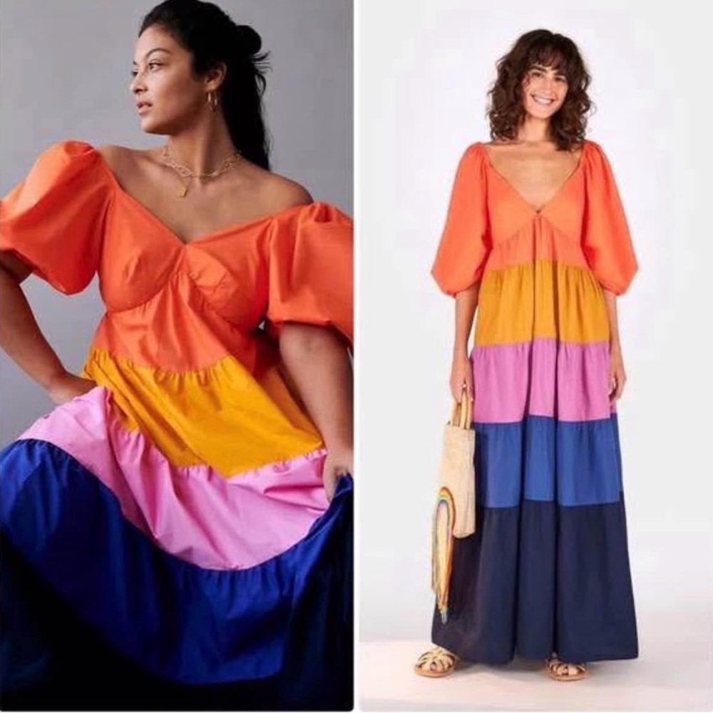 FARM Rio Colorblock Puff-Sleeve Maxi Dress in Orange, Yellow, Pink, Blue, Navy